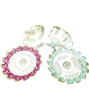Royal Crown 905 Footed Pedestal Tea Cup & Saucer Gold Lot Set White Lusterware